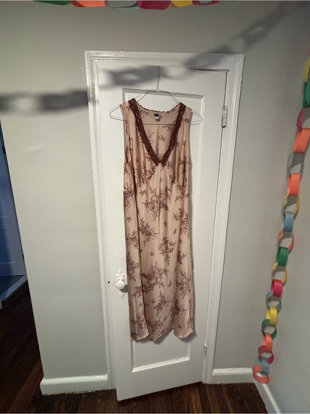 Old Navy Beige Slip Dress with Brown Floral Print and Lace